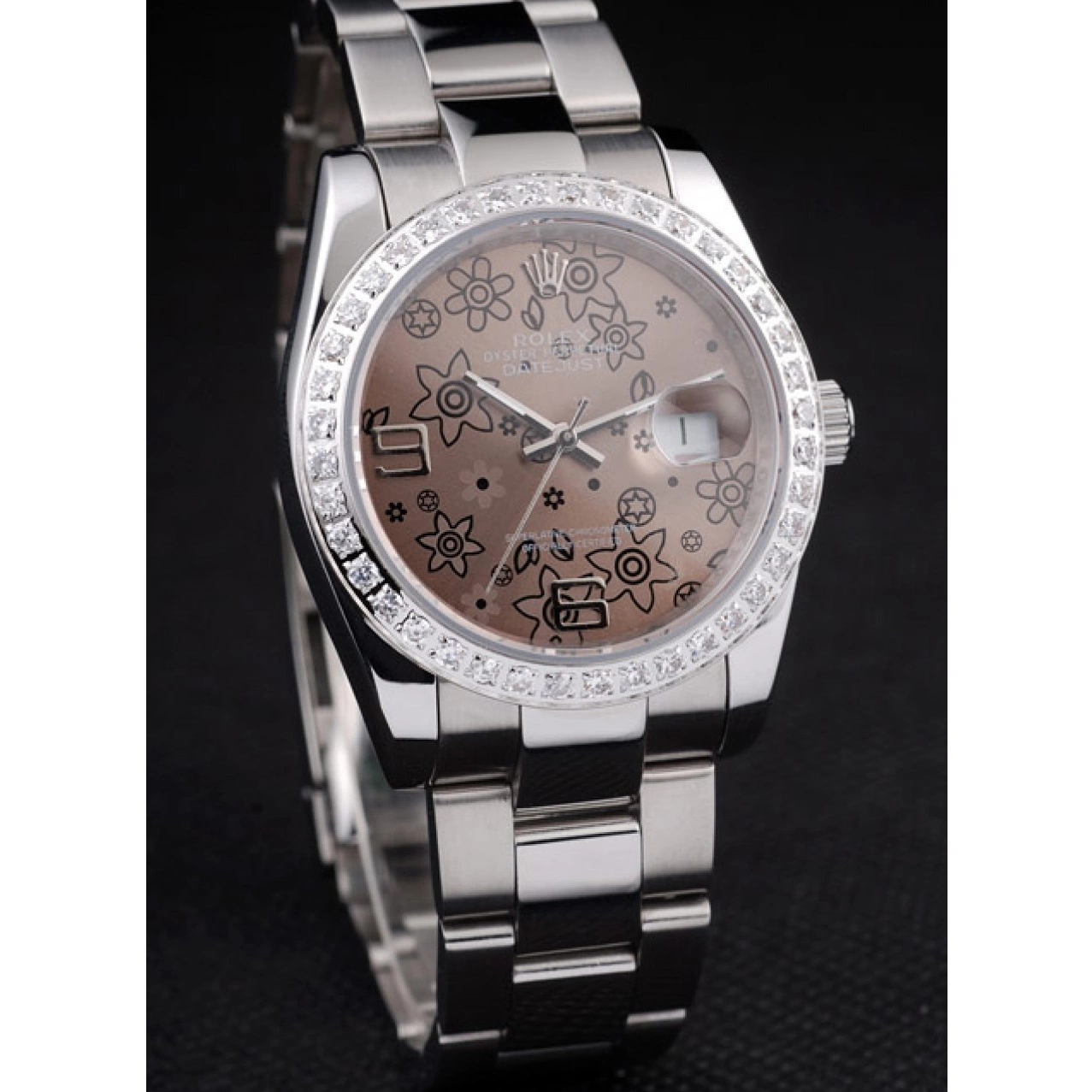Aaa replica watch Brown Flowers Plated Datejust Dial Diamond Steel Rolex Stainless Polished 0606